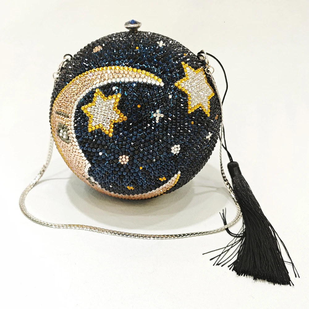 Moon Star Rhinestone Evening Clutches Bags Round Pattern Women Crystal Mini Minaudiere Tassel Lady Diamond Party Blue Purses 260909