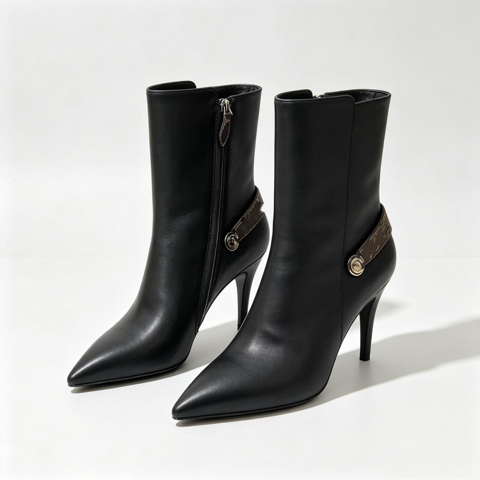 Knee Shoe Luxury Designer Boot High Leather Calf Heel Side Zipper Chain Padlock Black Brown Fashion Trendy Retro Vintage Lady Brand Winter Fall Cool