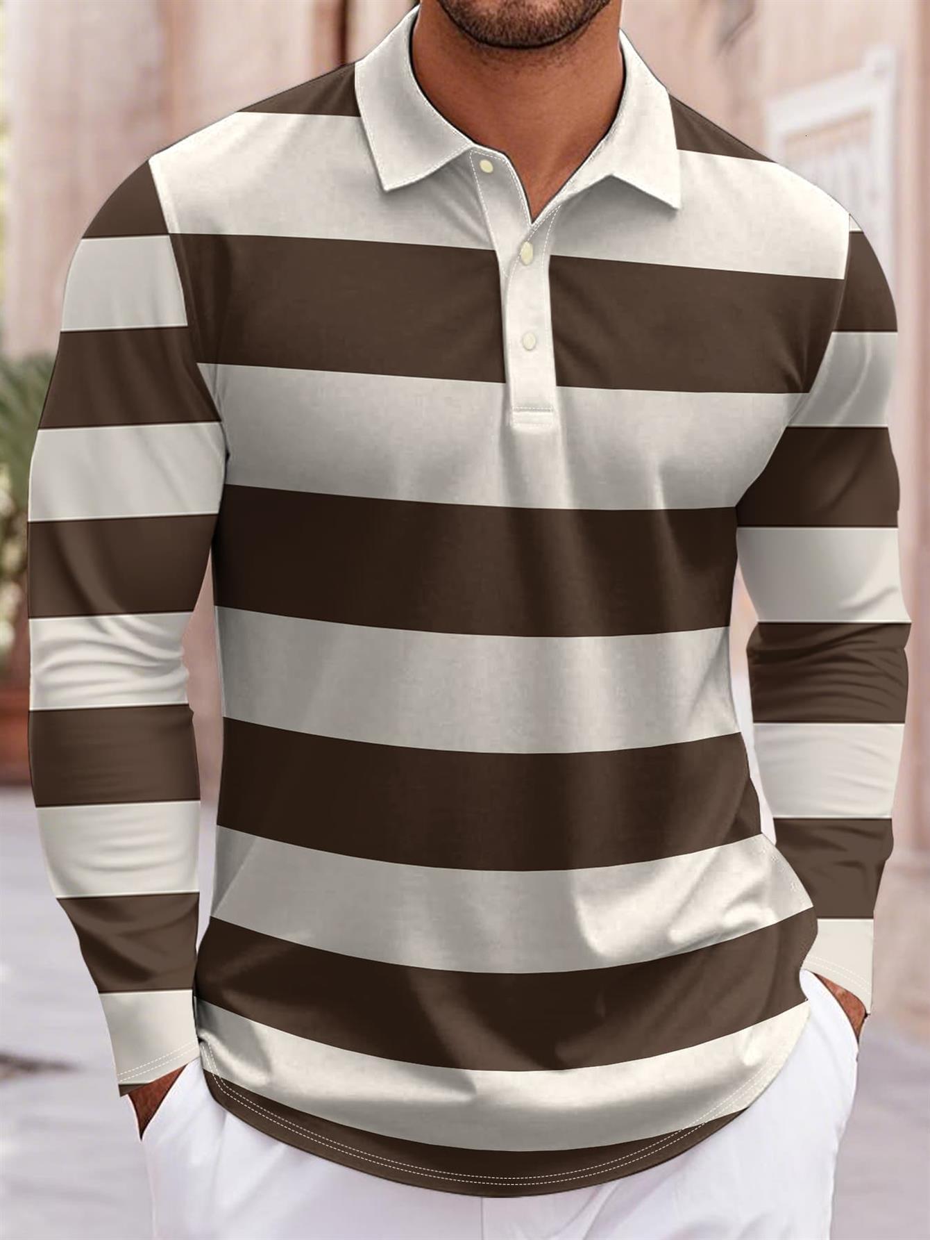Designer Men's Long Sleeve Polo Brown and White Striped Print Business Casual Daily Outdoor Sports Golf Tennis Shirt Classic Fit Fashion Top Sp