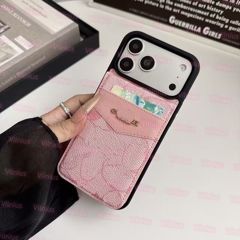Pink Vintage co ch Pattern PU Leather Card Holder Wallet Phone Case Anti Shock Soft TPU Bumper Back Cover For Samsung Galaxy S22 S21 iPhone 18 17