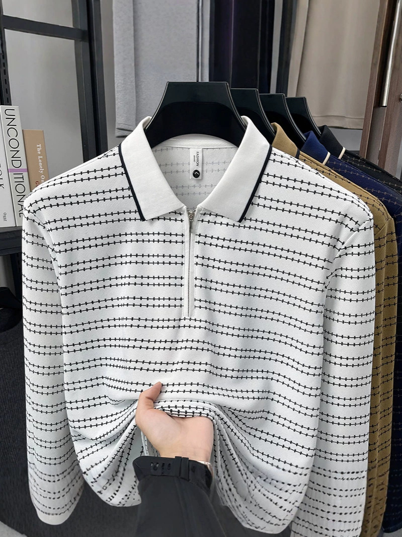 Designer men's long sleeved polo shirt with striped print fashionable dad style top casual base layer 4b