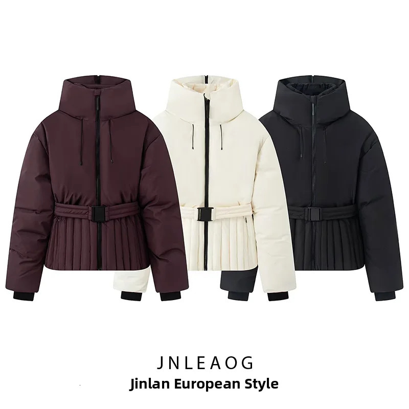 JNLEAOG Summer Fashion Thickened Ski Jacket Women's Coat with Belt Versatile n Standard Fit Polyester Zipper Closure 260910