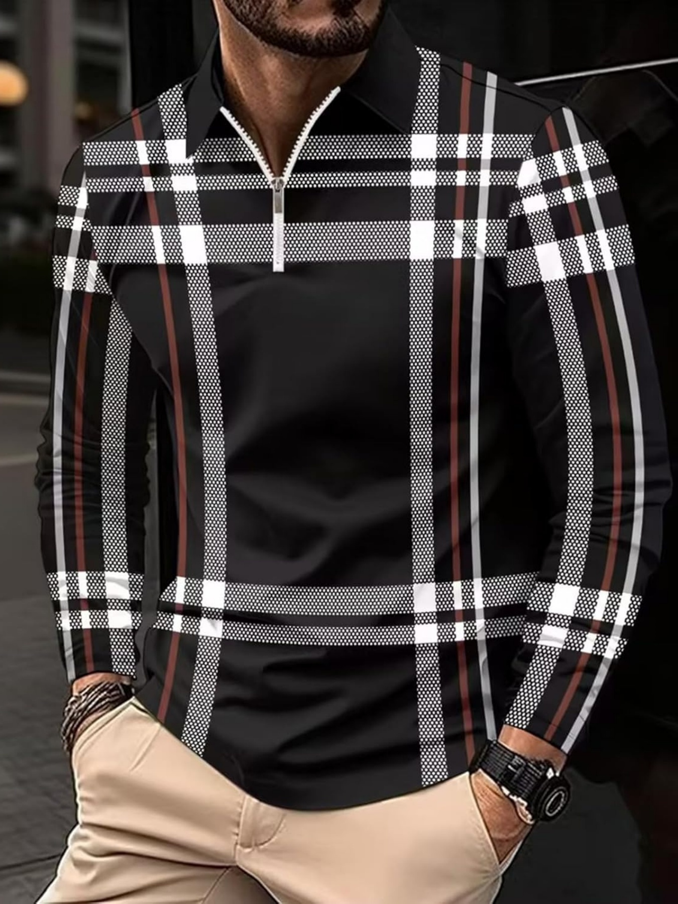 Designer Day Men's Casual Sports Fashion Printed Zipper Long Sleeve Polo Shirt Golf Tennis Sportswear Lightweight and Breathable 15