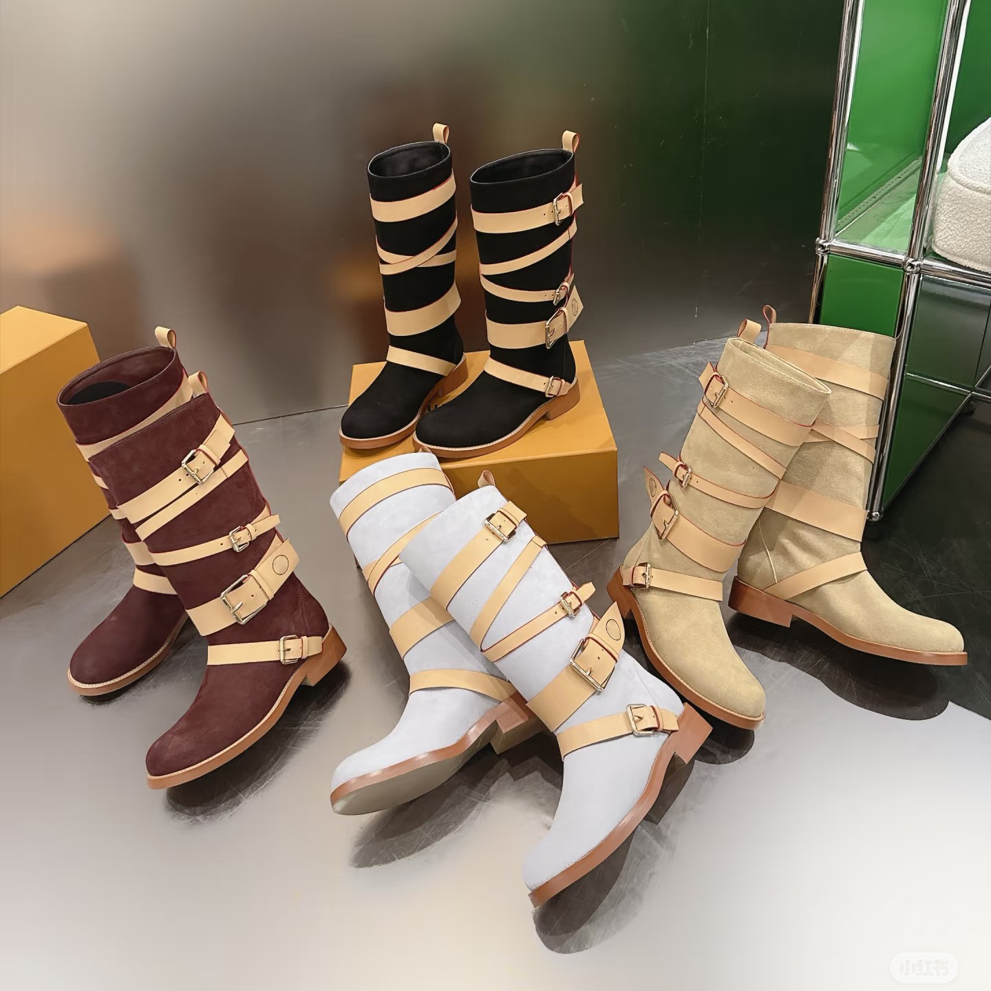 Women Half booties Western Boots New High quality Brand Suede Knee luxury Block Heel Buckle Strap Roman boot dress shoe Designer Vintage High Fashio