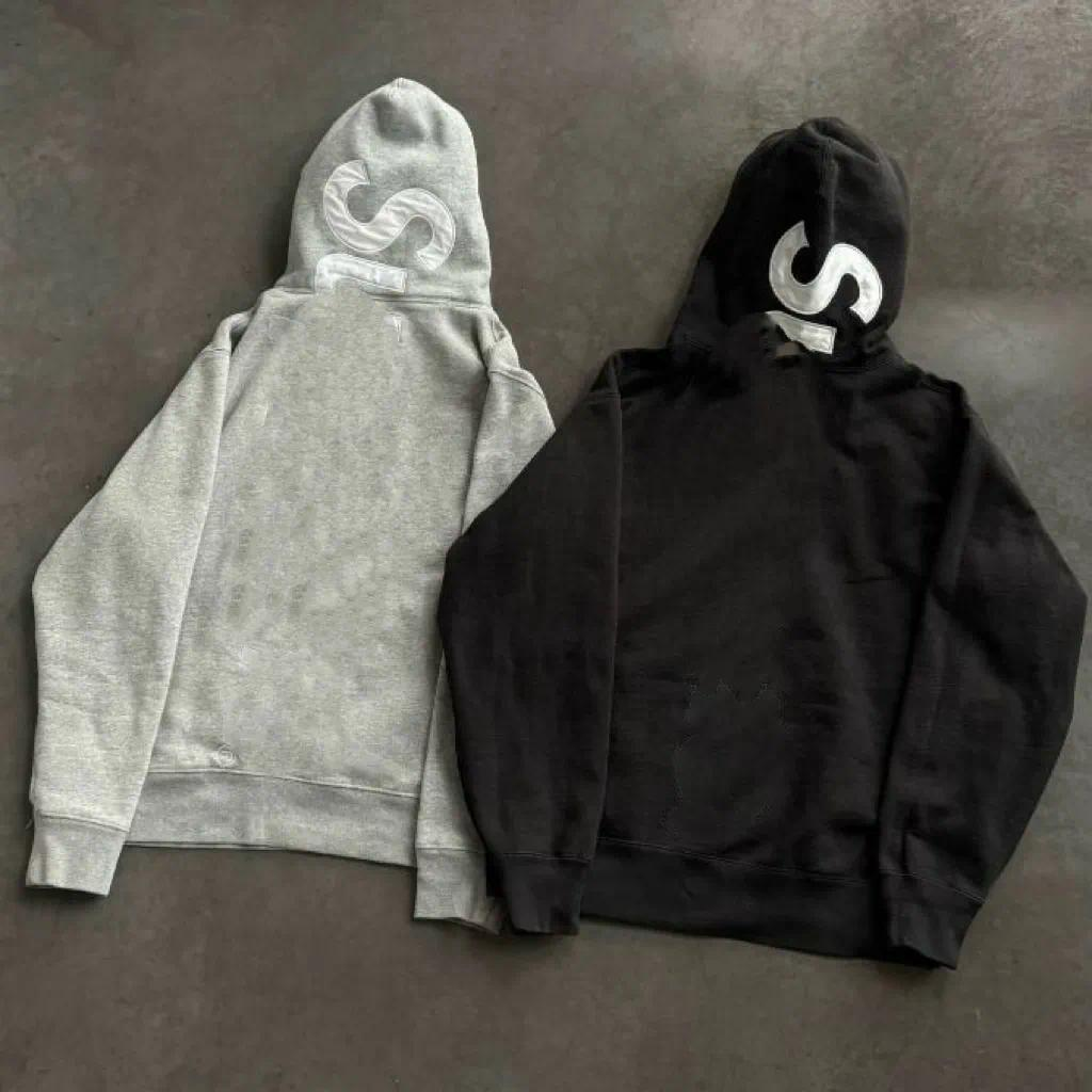Designer men's sporty hoodie, casual American street style, satin patchwork, hip-hop inspired long-sleeve sweatshirt for men, Sup
