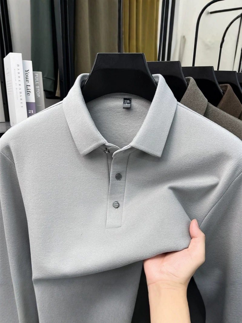 Designer export solid color collared men's long sleeve polo shirt comfortable and stylish for business casual wear 0e