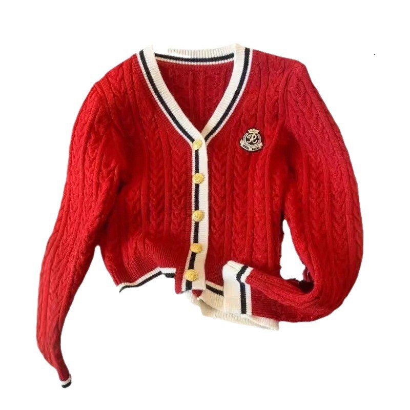 Fall/Winter New Retro College Style V-neck Contrasting Color Knitted Cardigan Stylish and Slimming Plaid Sweater Coat for Women -001
