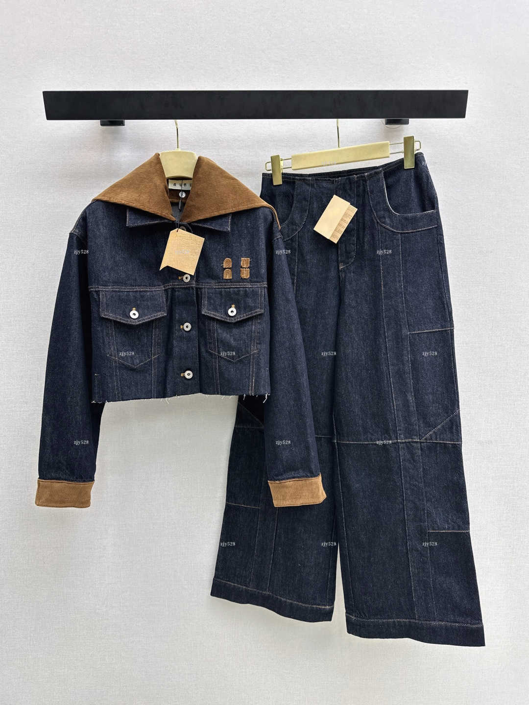 New denim two piece set contrast color lapel collar short jacket spliced wide leg co ord women designer clothes retro letter embroidery casual suitA