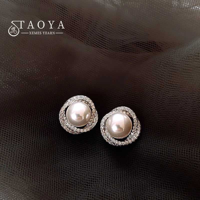 2025 New Fashion Design Geometric Spiral Silver Color Pearl Zircon Stud Earrings Luxury Jewelry Party Ear cessories for Women M260922