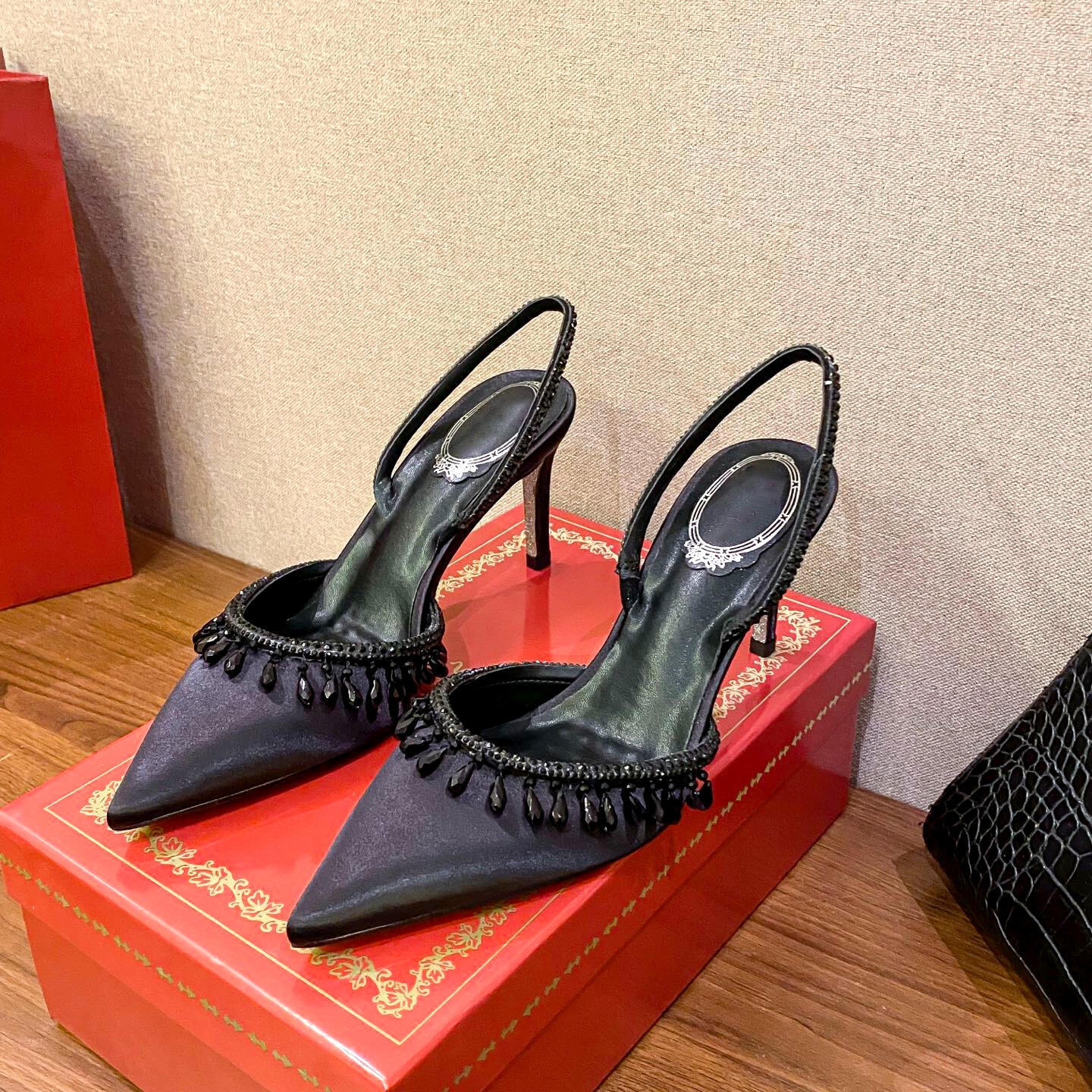 Slingback Stiletto High Heels Women Fashion sandal Pointed Toe Lace Rhinestone Tassel luxury Designer Sexy Wedding Party Dress shoe Pumps slippers