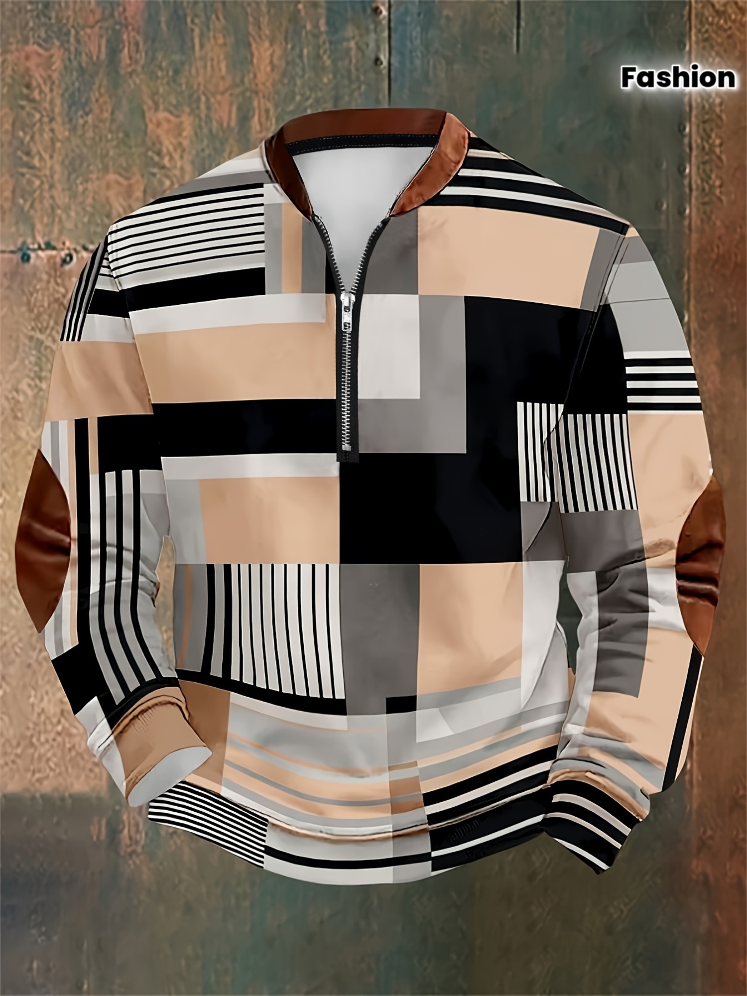 Designer Fashionable Khaki Irregular Color Block Pattern Design Decorative Men's Long Sleeve POLO Casual Vacation 94
