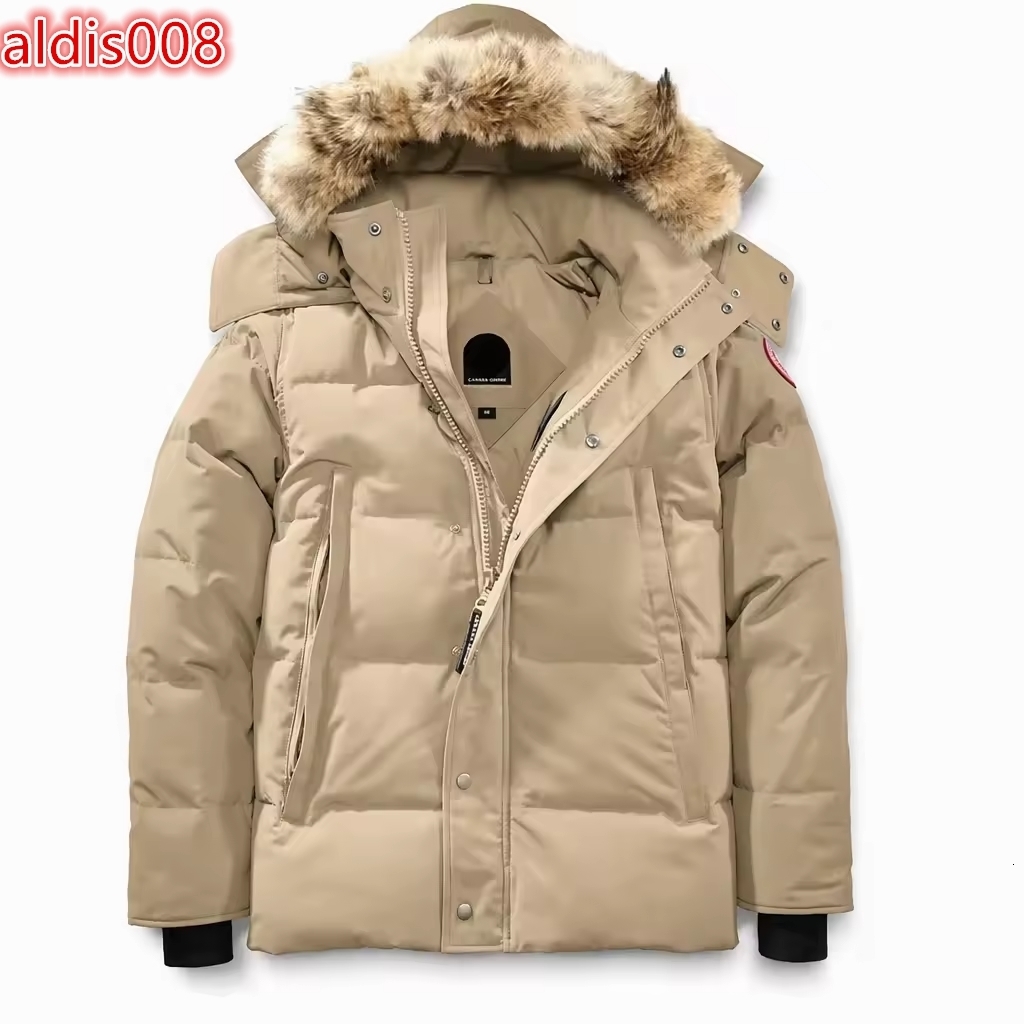 Men's Beige Down Puffer Jacket Hooded Windproof Casual Winter Coat with Fur Trim and Zipper Closure