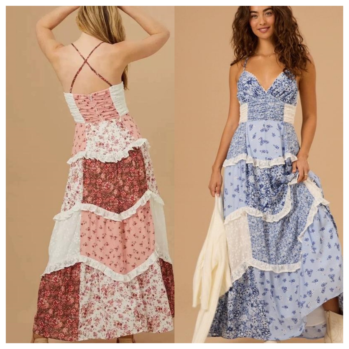 Robe longue romantique en patchwork floral à plusieurs niveaux, bretelles spaghetti, col en V, détails froncés, bord à volants, fente latérale, f