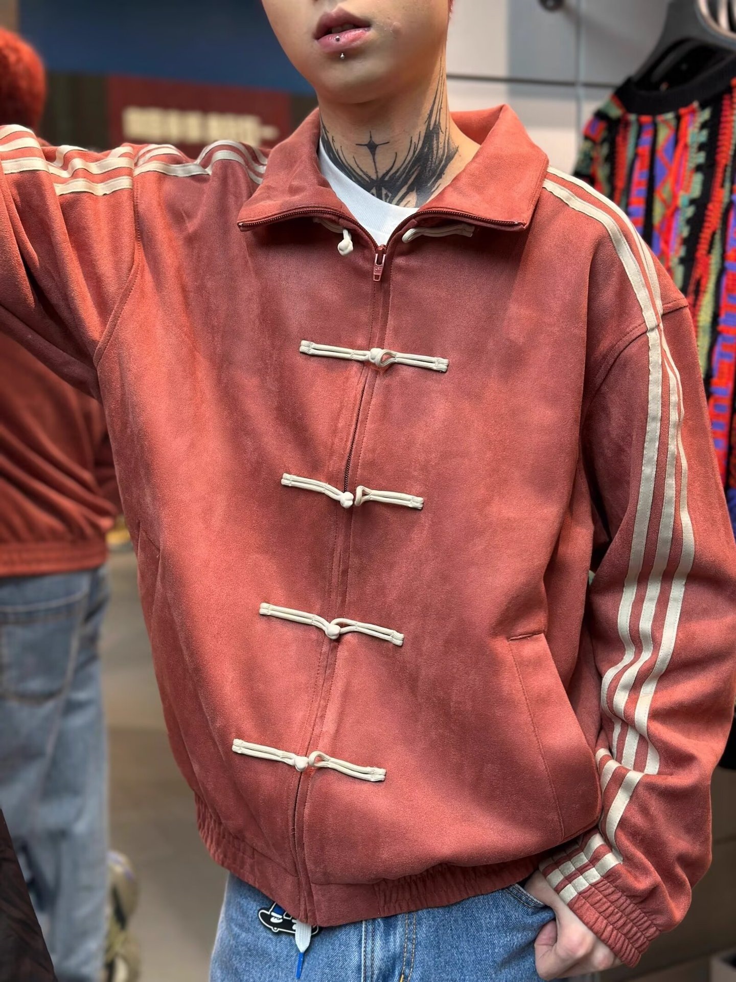 New Chinese National Style Button Men's Spring Design Stand Collar Baseball Three Stripes Sports Cardigan Jacket-1