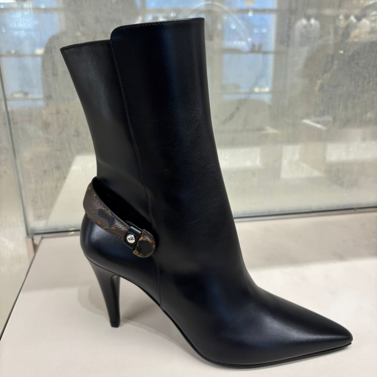 Designer Shoe Luxury Ankle Boot Leather Stiletto Heel Buckle Strap Gold Side Zipper Black Dress Formal Office Work Womens Modern Hot Party Night Bra