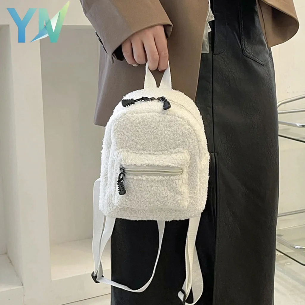 Womens Mini Backpack Cute Plush Lamb Fur Korean Fashion Small Bag for Fall Winter Shopping Campus Daily Use Student Rucksack 260909