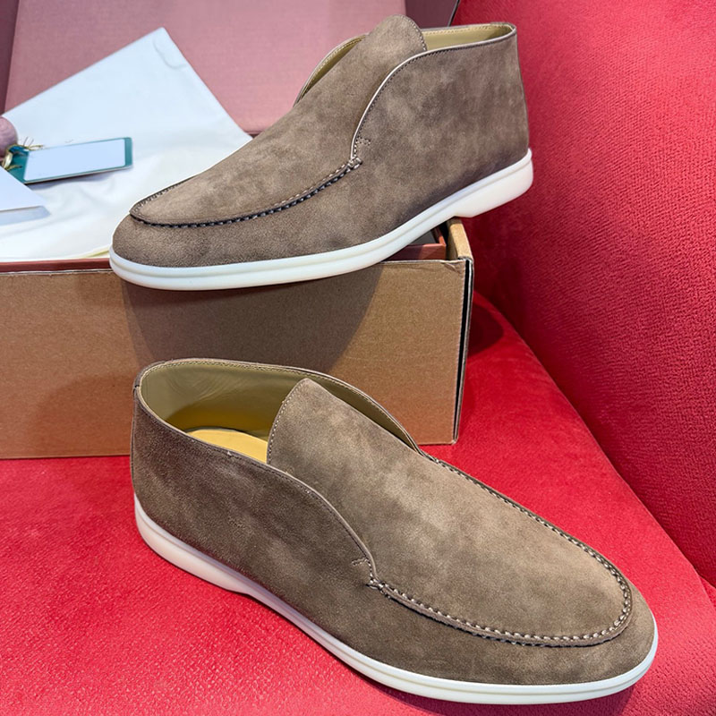 Designer Unisex Open Ankle Boots 100% Suede upper Hand sewn leather shoes Suitable seaside vacation leisure style Minimally designed mens womens fla