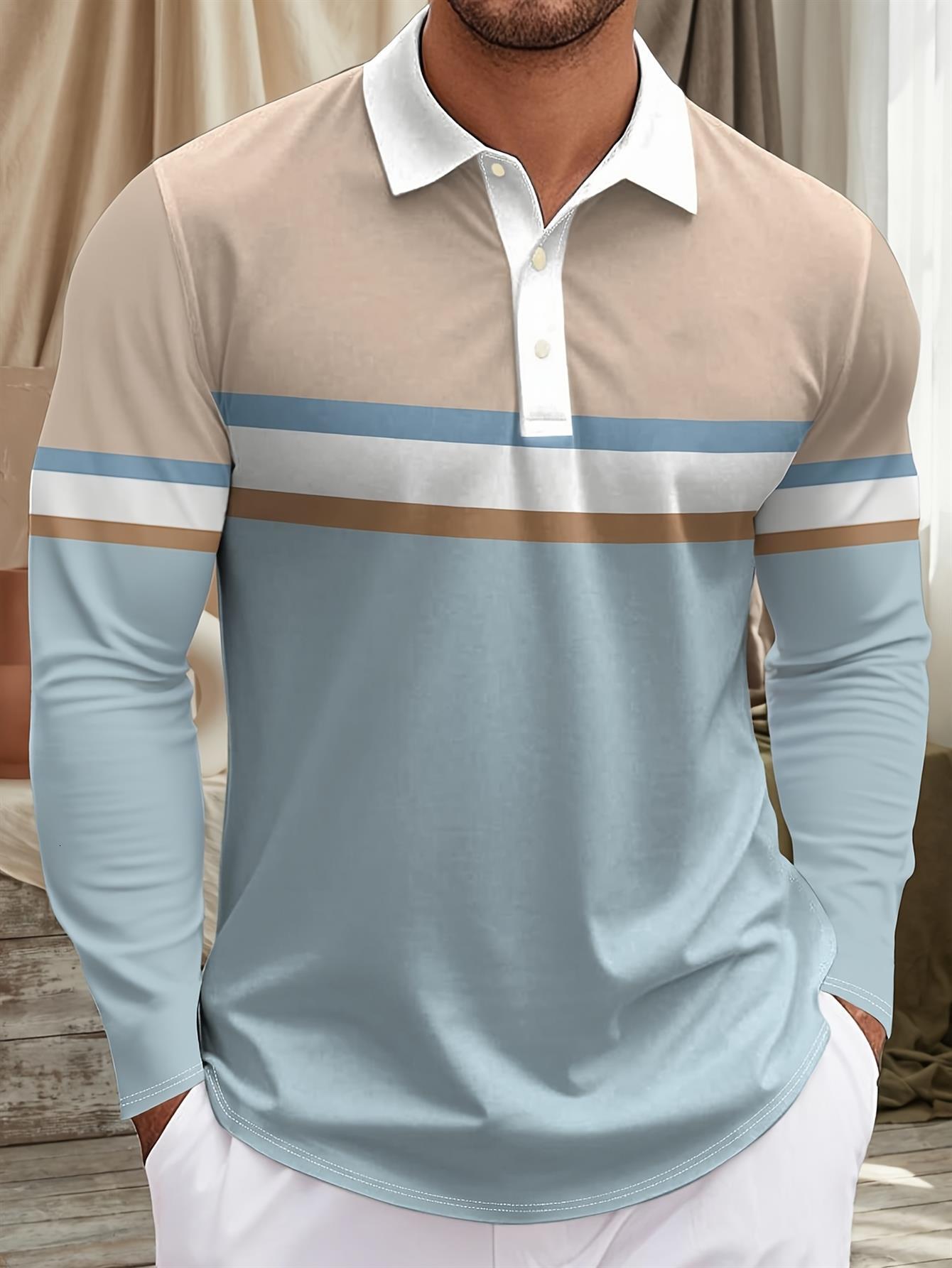 Designer Men's Casual Long Sleeve Polo Light Blue and Beige Color Block Striped Pattern Slim Fit Collar Shirt Perfect for Everyday Wear bc 13