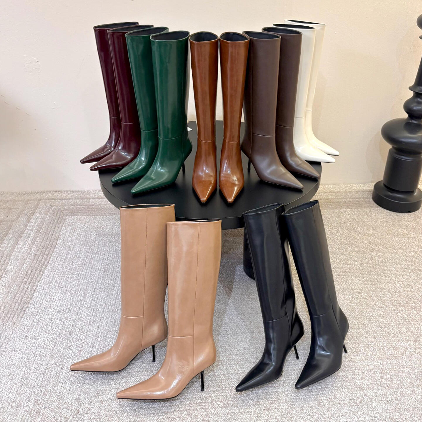 Evening Dress Boots Women Pointed Toe Fashion luxury Designer shoe Stiletto Knee High boot Solid Color Smooth Leather Slim Tall Western Booties