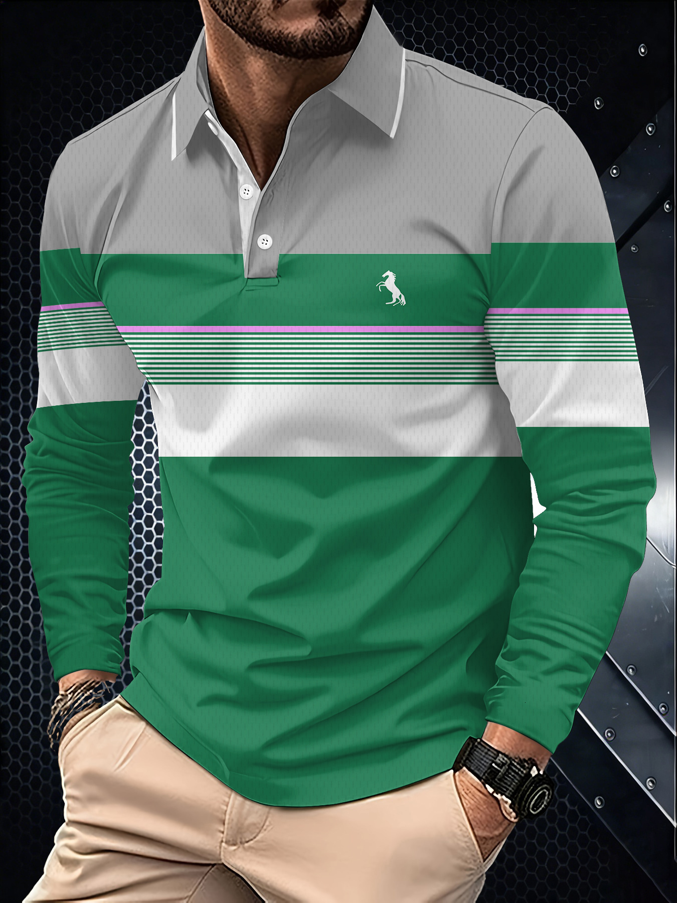 Designer Men's shirt casual digital print simple design with stripes and geometric patterns sporty style men's long sleeved polo 38