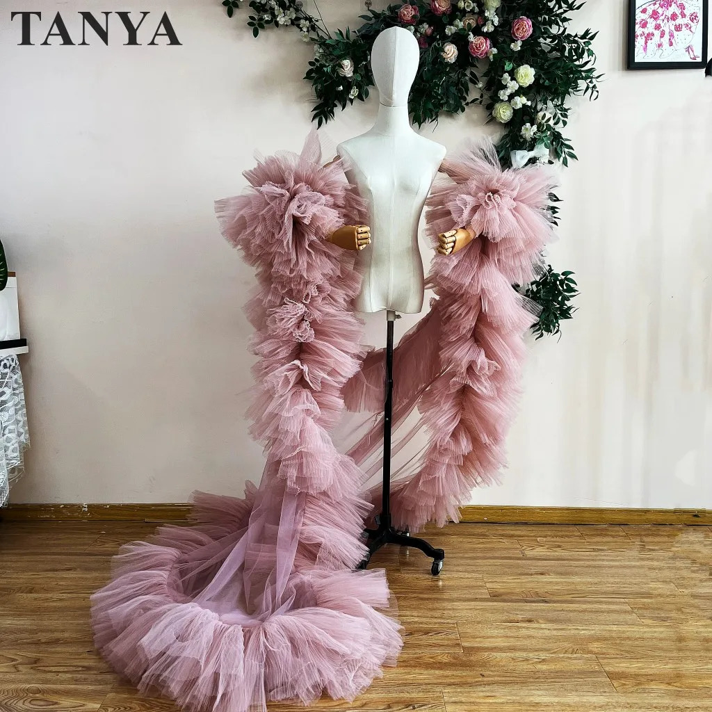 Bean Paste Pink Fashion Women's Cloak Coat Long Off The Shoulder Tulle Lady Jacket Elegant Evening Cape 260910