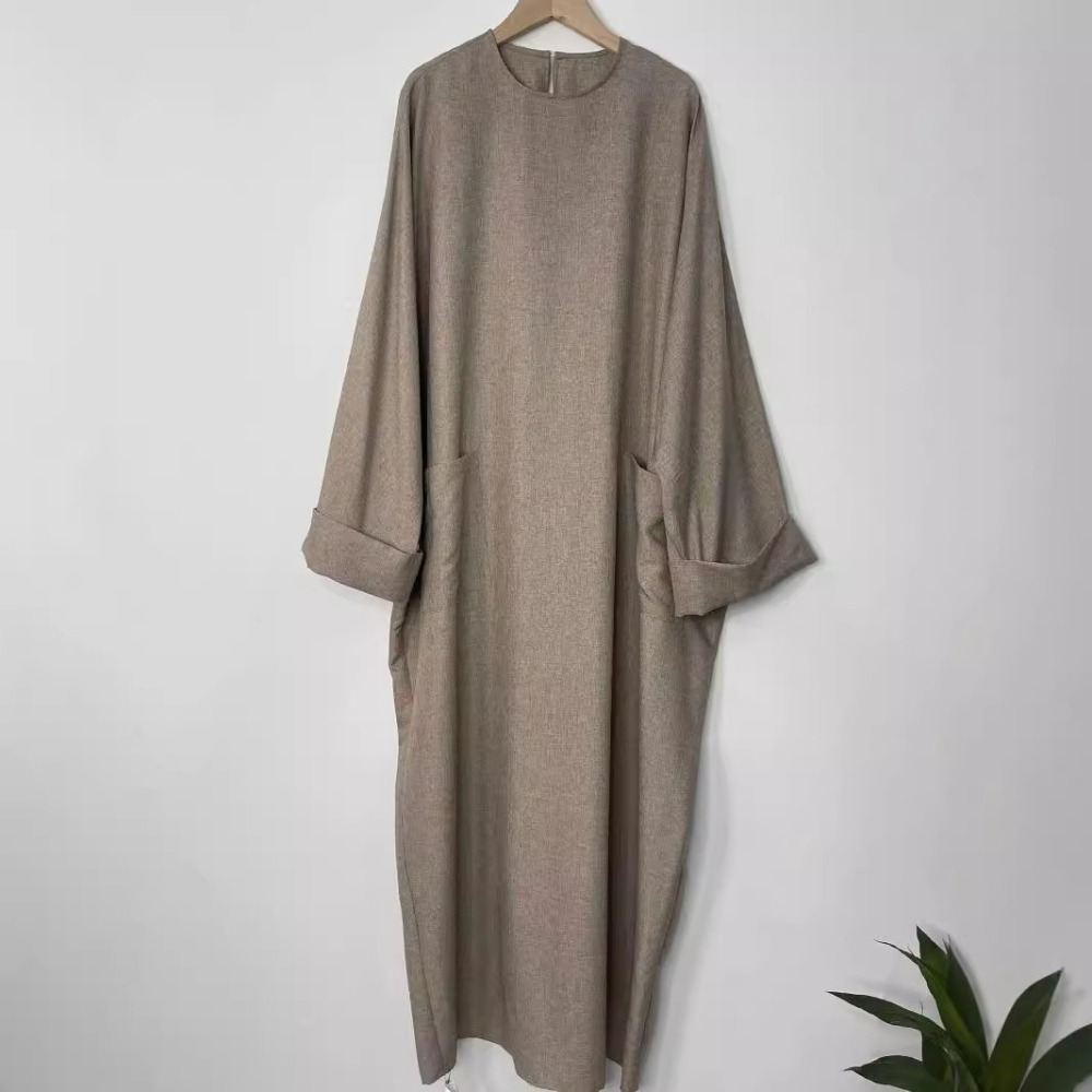 (135) New Women Robe Long Skirt Solid Color Pocket Dress