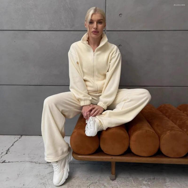 Women's Fleece Zip Up Long Sleeve Set Elastic Wide Leg Pants Color Two Piece Suit Casual Fashion Outfit Winter Wear