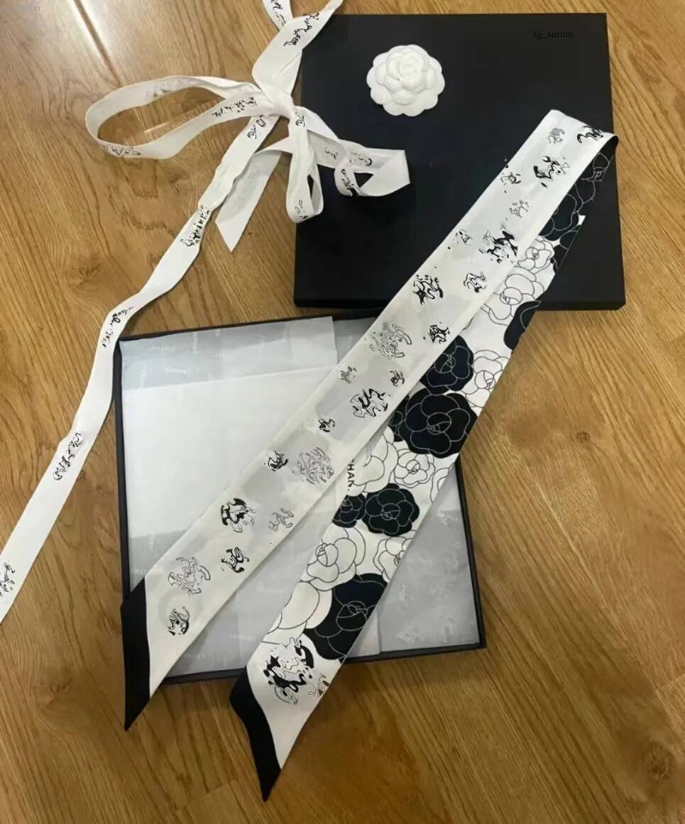 New Designer Black White Camellia Floral Print Silk Twilly Scarf Elegant Ladies Neck Bag Tie Luxury Trendy Accessory For Daily Styling Occasions