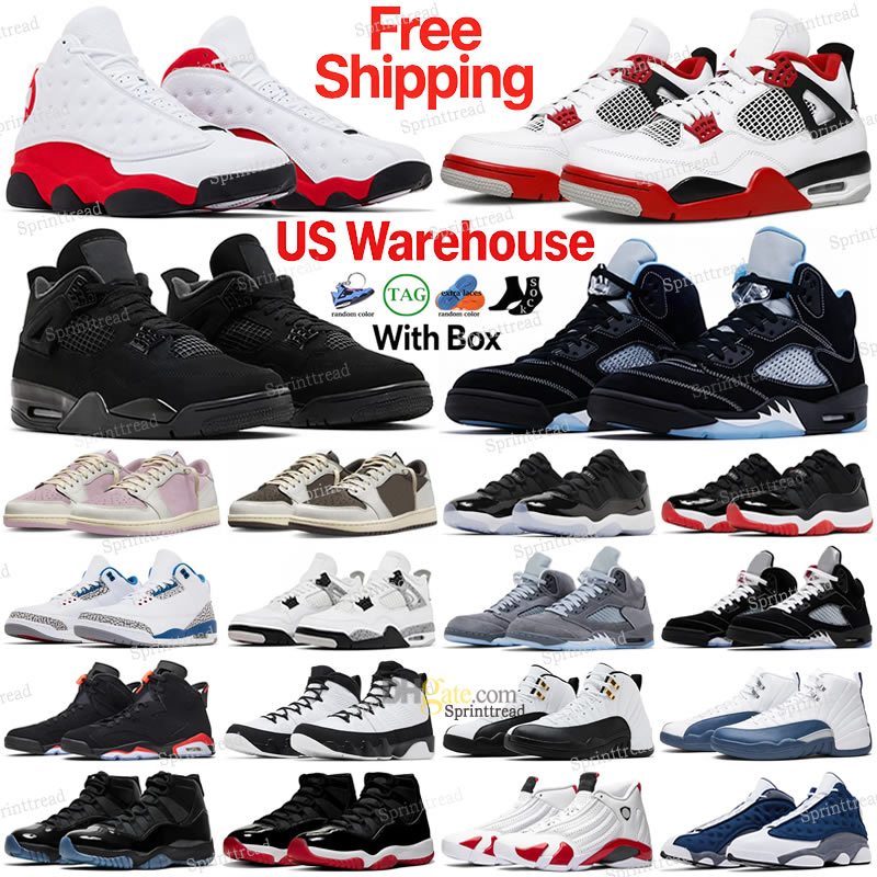 Free Shipping 4s Fire Red 4 Basketball Shoes 5s Wolf Grey 5 US Warehouse High 11s Bred Black Red 1 Low Tropical Pink Reverse White Yellow Blue Grey