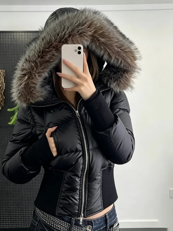 Women's SlimFit Down Jacket for Winter 2026 Features detachable fur collar filled with 90 white duck down 260911