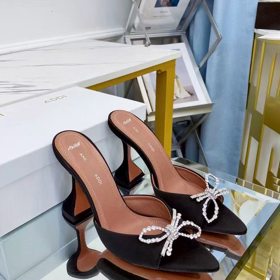Rhinestone Bow Women Mule Pointed Toe Sexy Dress shoe Block Heel luxury Designer Sandals Party patent leather Slippers Wedge heels