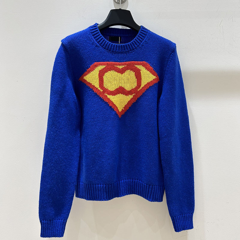 Knitted Wool Oversized Sweater Designer Women Deep Blue Rhinestone Letter Crochet Knit Pullover Winter Warm Unisex Brand Chic Jumper