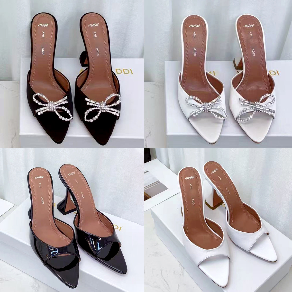 Brand Aminas Party Wedding Dress shoes Sandals Fashion Sexy chunky heels Women luxurys Designer Pointed Toe open toe Rhinestone Bow High Heel Slip O