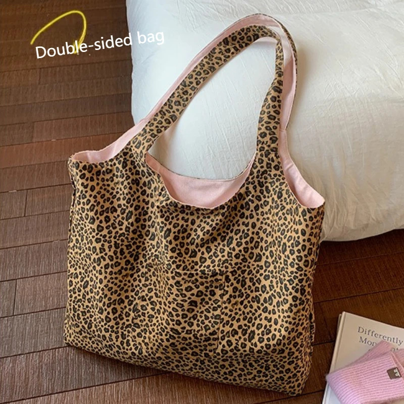 Leopard Print Vest Shoulder Bag for Women Double-sided Female Retro Suede Tote Purse Fall Winter Ladies Contrast Color Handbags260911