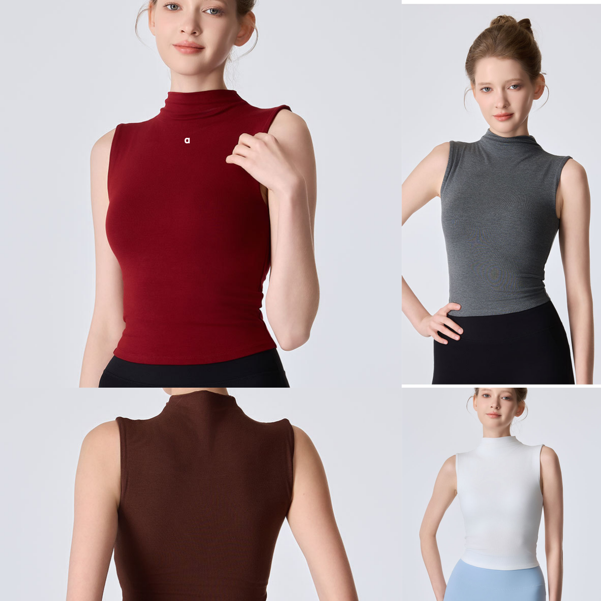 A2916 Débardeur de yoga sans manches à col mi-haut pour femme Style d'été flatteur T-shirt de fitness ajusté d'inspiration rétro américaine