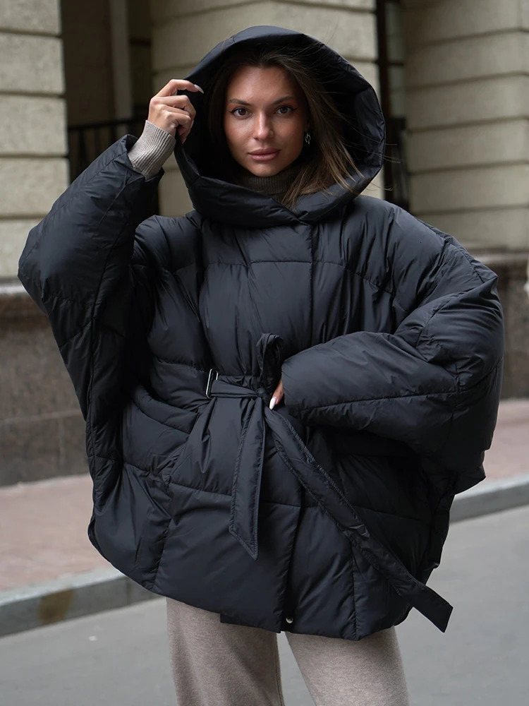 Solid Hooded BatSleeve Puffer Coat WaistTie Belted 2026 Winter Women Loose Outerwear Warm Casual Lady CottonPadded Jacket 260911