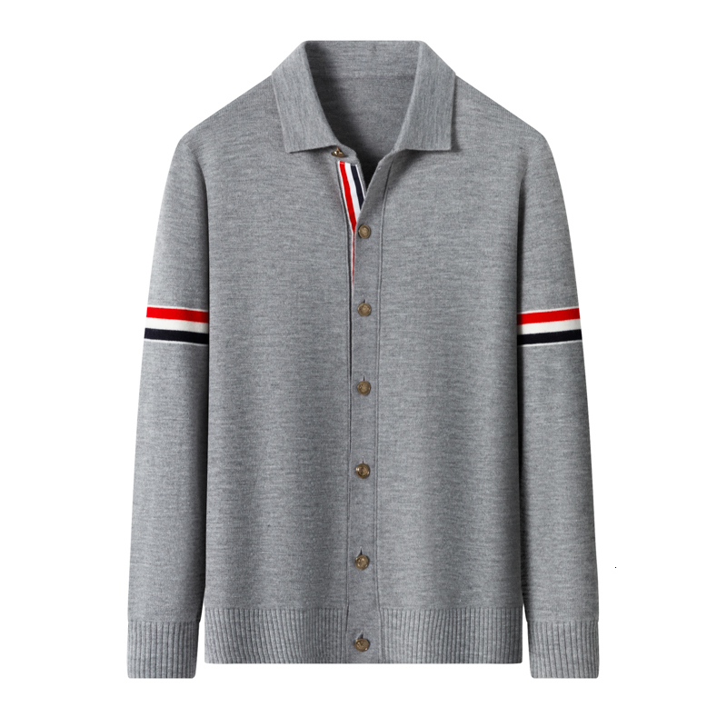 Quality Autumn Winter Mens Long-Sleeved Knitted Sweater Lapel Button Classic Stripe Snug Keep Warm British Style Men 's Tops