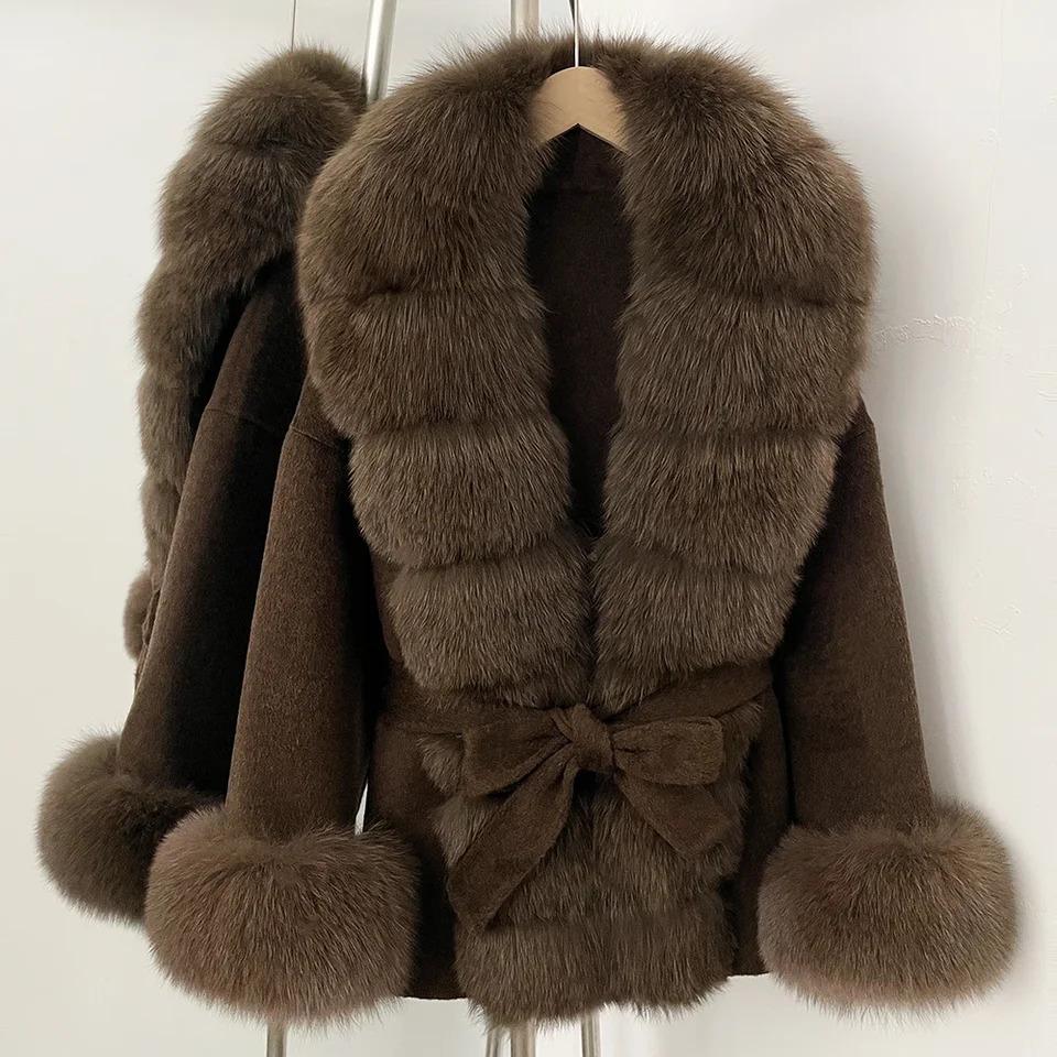 GENHUA Autumn Winter Jacket Women Fur Collar Thickened Warm Cashmere Wool Doublesided Coat Fashion Vneck Commuting 260911