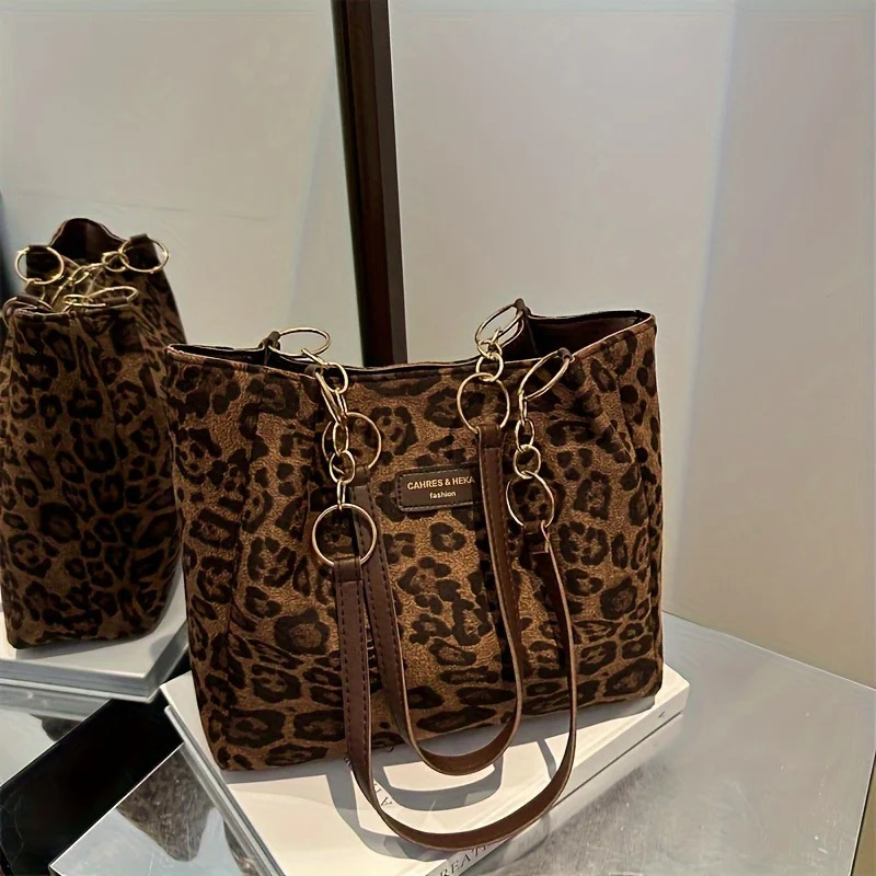 Vintage Leopard Print Handbag Stylish Brown PU Tote Shoulder Bag Perfect for Women Shopping Commuting Office College Travel260911