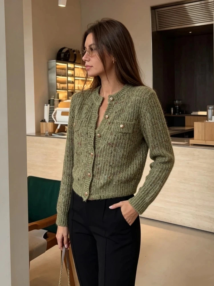Fashion Speckle Round Neck Knit Cardigan Women's Buttondown Chest Pockets Short Sweater Autumn Winter Highstreet Outwear 260910CJ