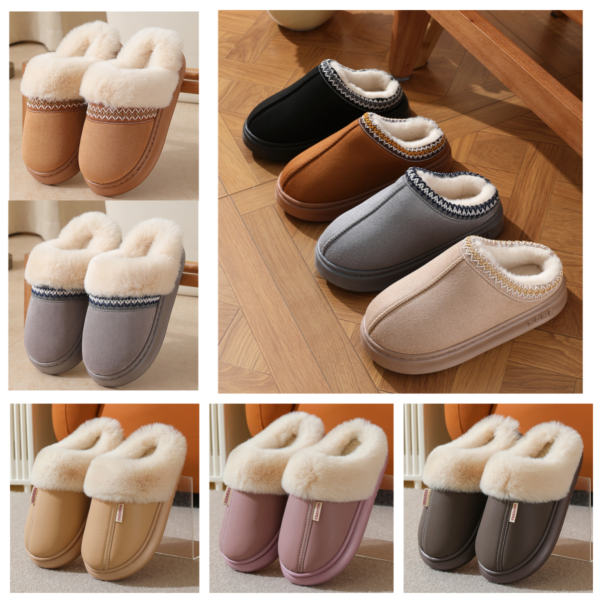 Slippers High-End New Solid Color Faux Suede Patchwork Warm Cotton Thick-Soled Non-Slip Lightweight Couple's Home Mens Slippers Fashion Fluffy