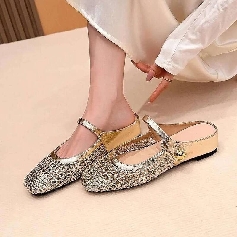 New Square Toe Woven Hollow Breathable Hidden Heel Backless hx Single for Women Spring Summer One Strap Casual Flat Shoes
