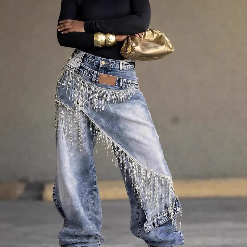 Pantalon en Denim délavé à l'acide taille haute pour femme, pantalon en Denim à franges perlées et strass, conception de couche asymétrique, pant