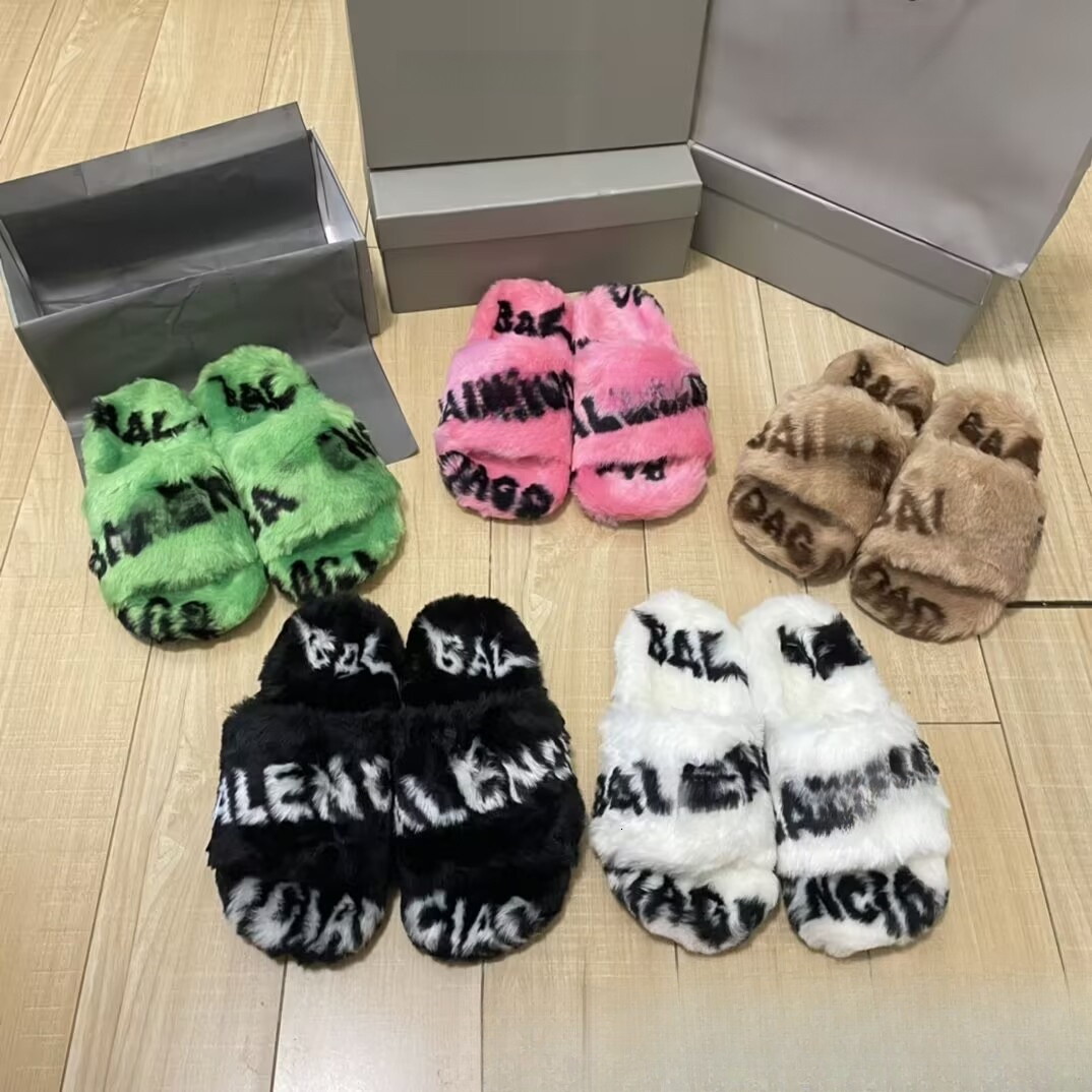 Luxury Slides Furry Slippers Slide sandals House shoes ballen slides Mules Fall Winter Men Women slip-ons Footwear Paris Comfortable Fuzzy Flip Flop