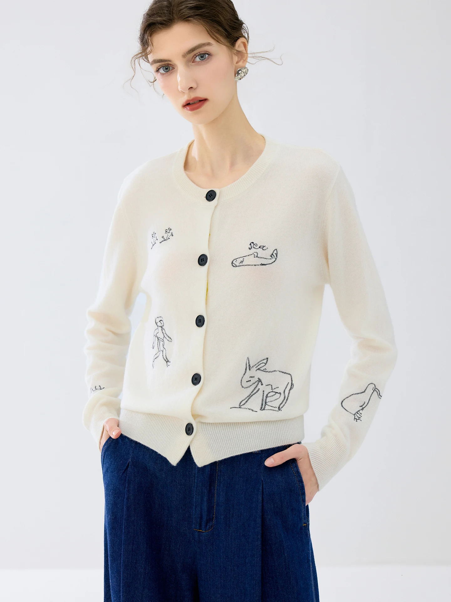 Soft Autumn Winter Women 100 Cashmere Cardigan Round Neck Button Tops Long Sleeve Embroidered Casual Clothes Wool Sweater 260908