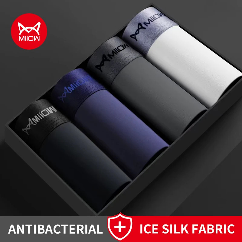 MiiOW 4Pcs Ice Silk Men Boxer Shorts Graphene Antibacterial Underwear Man Underpants Seamless Breathable Mens Panties L5XL 260908