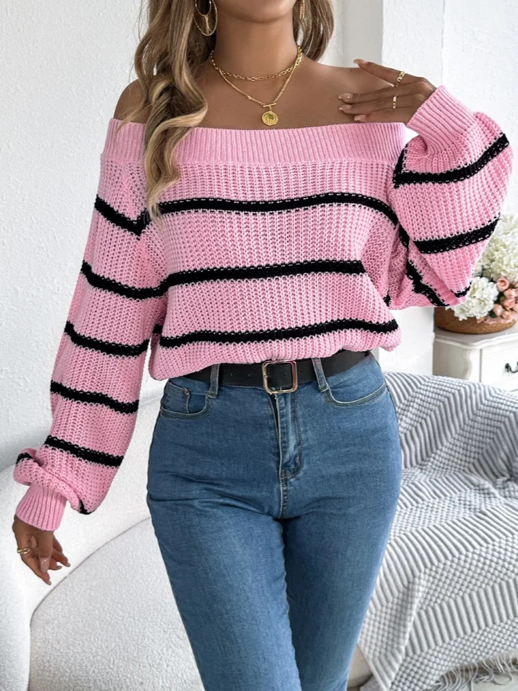 Autumn Winter Fashion Striped Sexy Off-the-shoulder Pullover Sweater Casual Lantern Long Sleeved Spell Color Sweaters Women 260910