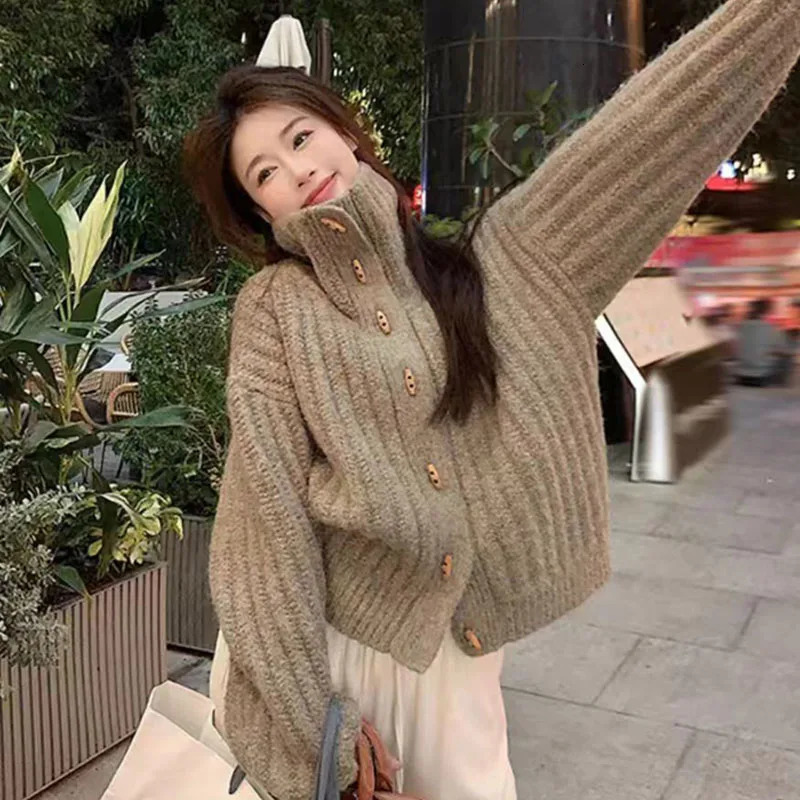 Autumn Winter Buttons-Up Knitted Cardigans Women Streetwear Thick Warm Turtleneck Sweater Coat Korean Fashion Knitwear Jackets 260910