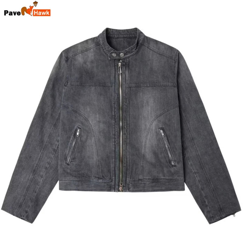 Autumn Motorcycle Denim Jacket Mens Short Hiphop Washed Shoulder Pads Male Cowboy Coats Stand Collar Trend Street Outwear 260911