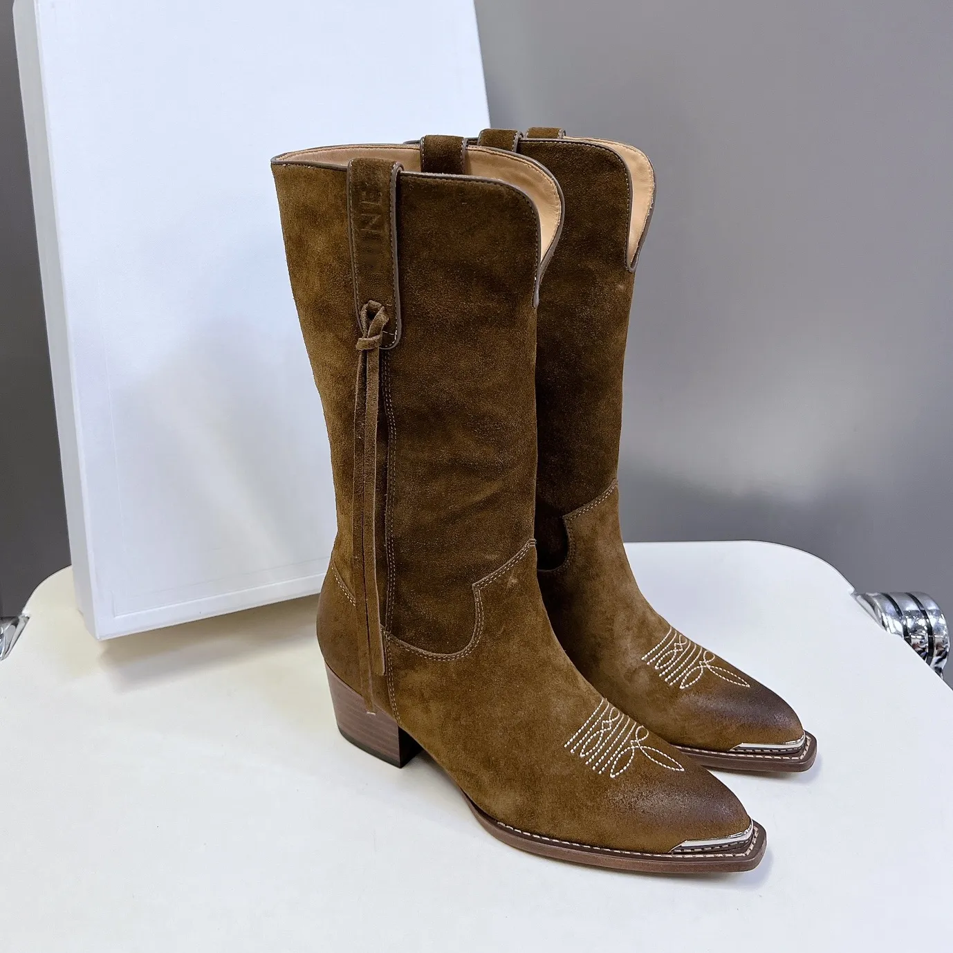 Women Vintage wedge Knee Boots Cowhide Leather booties Western Cowboy Fashion boots Designer Ankle boots Suede combat boots Top Luxury Martin Boot M